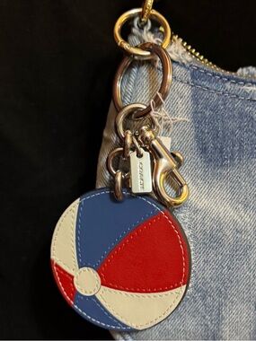 Coach Red White Blue Leather Beach Ball Key Charm